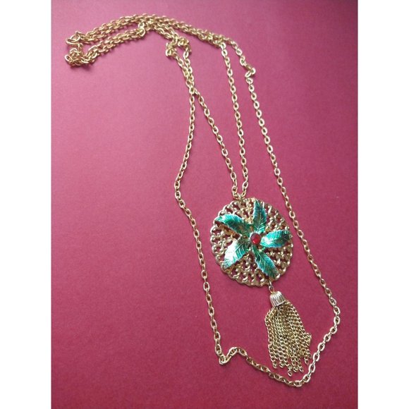 Vintage Gold Tone Holly Multi Strand Necklace Christmas Holiday Estate Jewelry - Picture 3 of 6